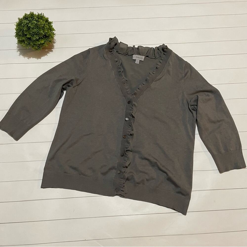 Amber Sun Silk Blend Knit Ruffle Cardigan Sweater Gray Women’s‎ Size Large
